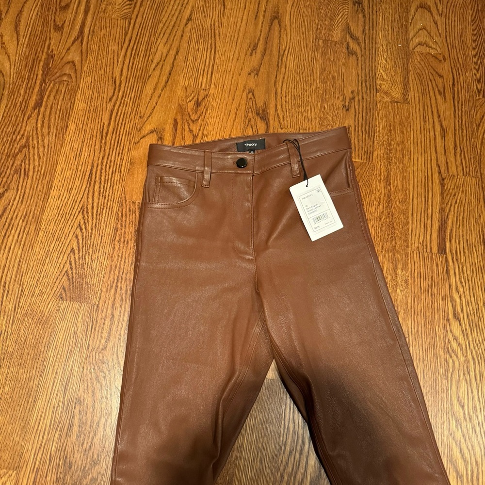 NEW NWT Theory High Waisted Jean In Bristol Leather In Dark Cognac - Picture 2 of 7